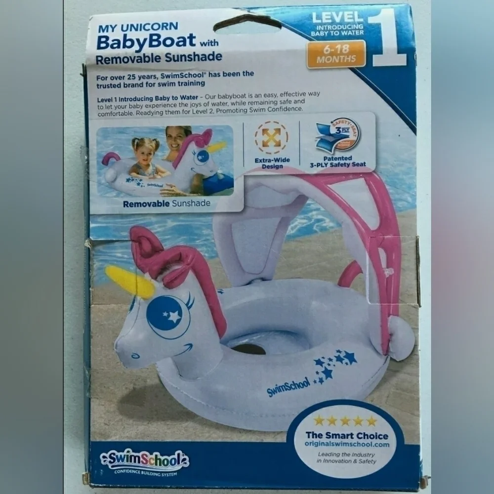 Unicorn Baby Boat Aqua Leisure Swim School Pool Float With Sunshade New In Box - Picture 2 of 7